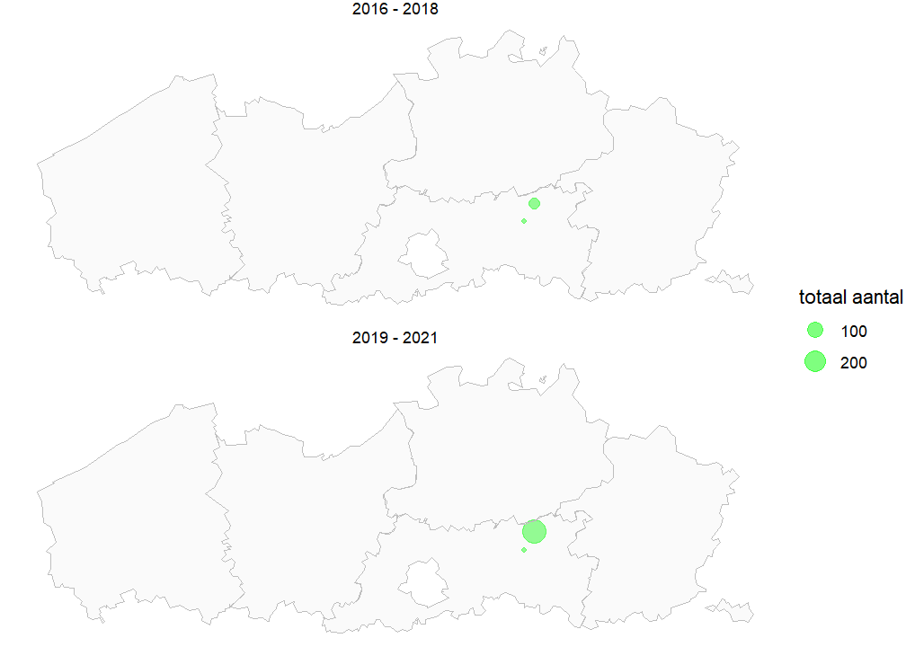 Kaart met totale populatiegrootte van Harlekijn per locatie voor de periode 2016-2018 en 2019-2021. Als een soort niet werd waargenomen, geven we dit weer met een X.