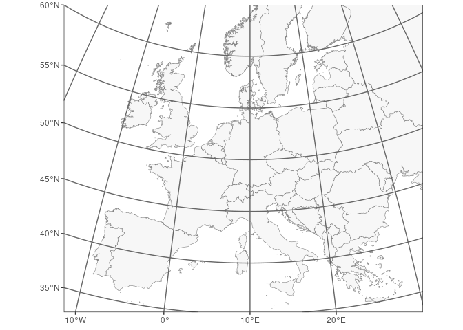 The lines that represent parallels and meridians of a geographic CRS are called the graticule. This map still uses the projected CRS 'EPSG:3035' but displays the graticule of geographic CRS 'EPSG:4258' ('ETRS89'), projected in CRS 'EPSG:3035'.