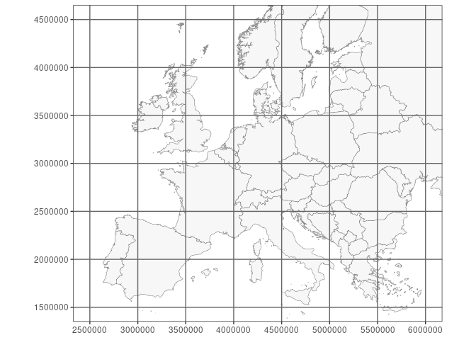 A map of Europe in the projected CRS 'EPSG:3035' ('ETRS89-extended / LAEA Europe'). The grid is from the same CRS.