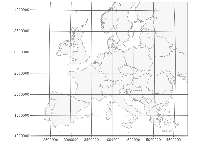 The same map of Europe in the projected CRS 'EPSG:3035'. The grid however is from 'EPSG:3034' ('ETRS89-extended / LCC Europe'), reprojected in 'EPSG:3035'.