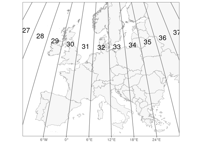 UTM zones in the European area. The UTM zones are narrower in the north.
